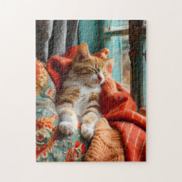 Cat Sleeping by Window with Pillow and Blanket Puzzle