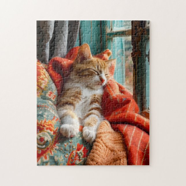 Cat Sleeping by Window with Pillow and Blanket Puzzle (Vertikal)
