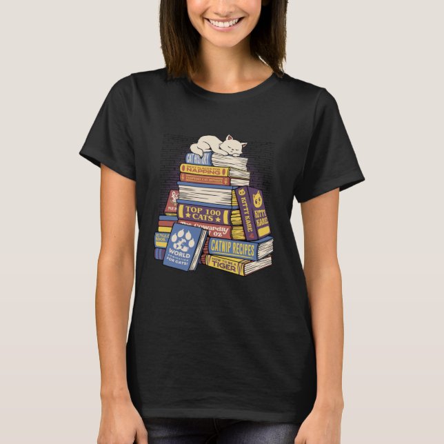 Cat Sleeping In A Stack Of Books Library Cute Book T-Shirt (Vorderseite)