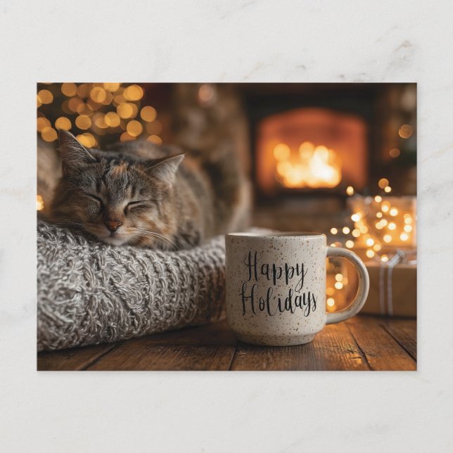 Cat Sleeping Next to a 'Happy Holidays" Mug Postkarte (Vorderseite)
