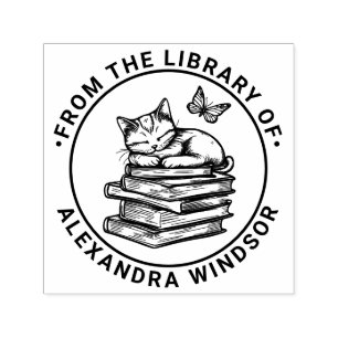 Cat Sleeping on Books, Butterfly Library Book Name Permastempel