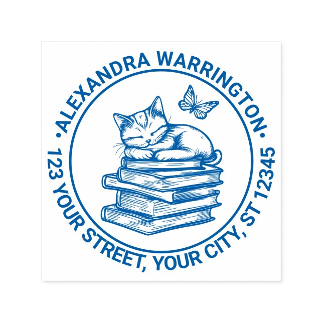 Cat Sleeping on Books, Butterfly Name Address Permastempel (Design)