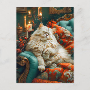 Cat Sleeping on Cozy Chair by Candlelight Postkarte
