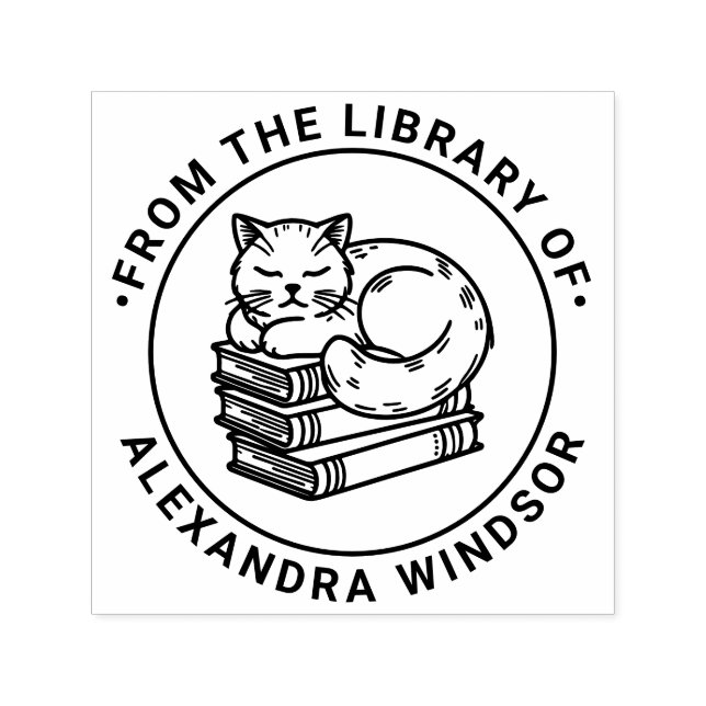 Cat Sleeping on Pile of Books - Bibliotheksname Permastempel (Design)