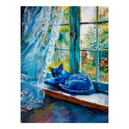 Cat Sleeping on Window Ledge Poster