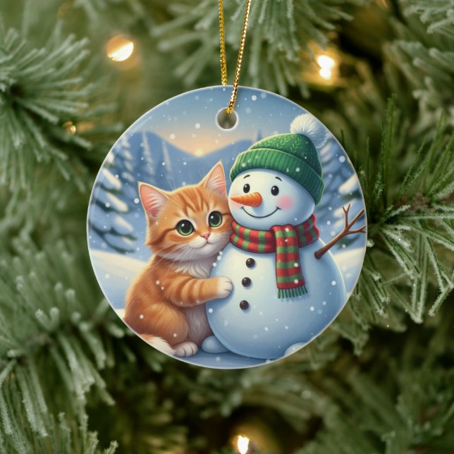 Cat & Snowman Friends Christmas Winter Companion  Keramik Ornament (Baum)