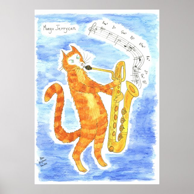 Cat spielt Baritone Saxophone "Riesenschritte" Poster (Vorne)