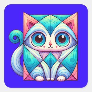 Cat Square Illustration Shirt, Katze mit Big Eyes Quadratischer Aufkleber