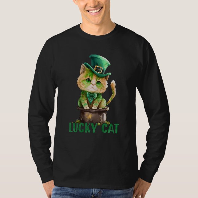 Cat St Patrick Leprechaun Shamrock Irish Lucky Cat T-Shirt (Vorderseite)