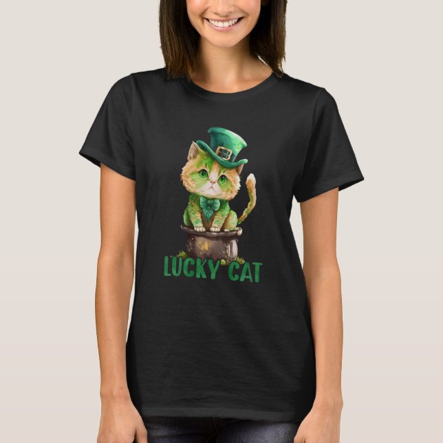 Cat St Patrick Leprechaun Shamrock Irish Lucky Cat T-Shirt (Vorderseite)