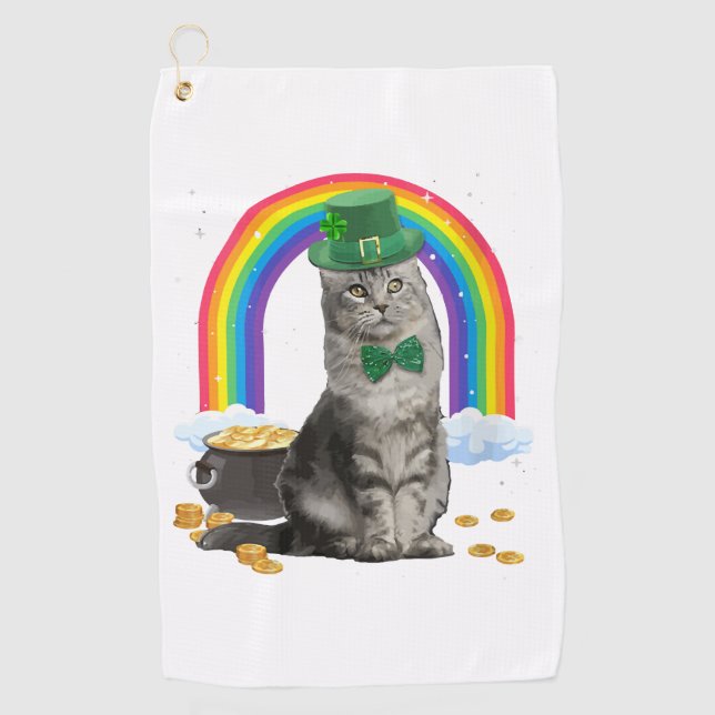 Cat St Patricks Day Leprechaun Kostüm Kleeblatt Gi Golfhandtuch (Vorderseite)