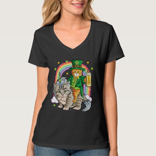 Cat St Patricks Day Leprechaun Riding Caticorn Uni T-Shirt (Vorderseite)