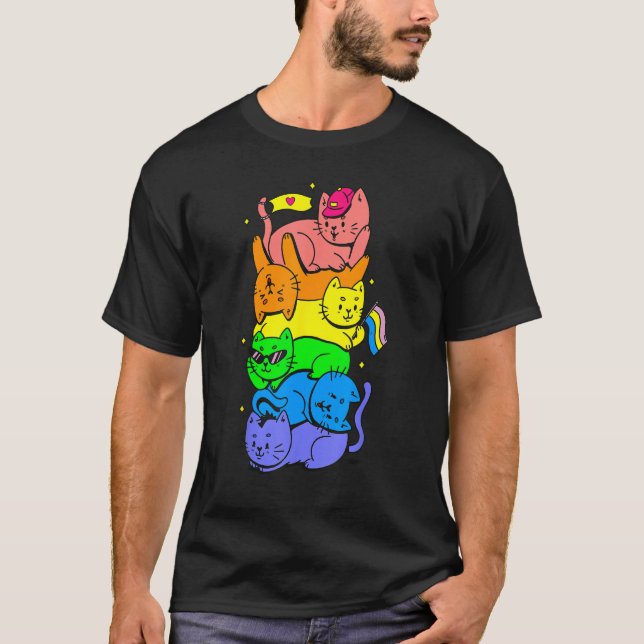 Cat Stack Rainbow Gay Pride Cute LGBT Animal Pet T-Shirt (Vorderseite)