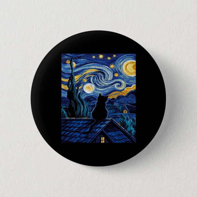 Cat Starry Night Van Gogh Cat Art Lover Funny Cat Button (Vorderseite)