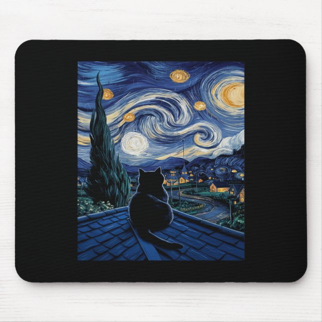 Cat Starry Night Van Gogh Cat Art Lover Funny Cat Mousepad (Vorne)