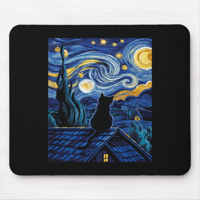 Cat Starry Night Van Gogh Cat Art Lover Funny Cat Mousepad (Vorne)