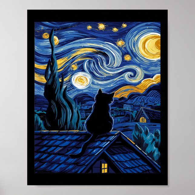 Cat Starry Night Van Gogh Cat Art Lover Funny Cat Poster (Vorne)