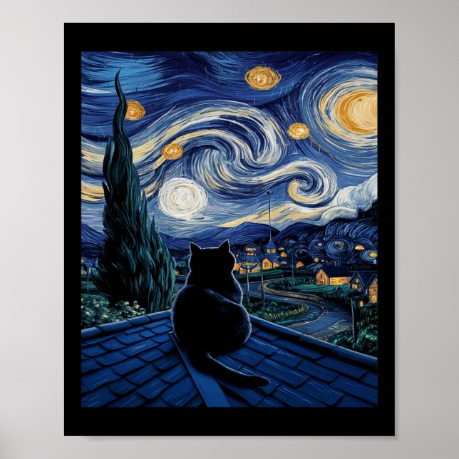 Cat Starry Night Van Gogh Cat Art Lover Funny Cat Poster (Vorne)