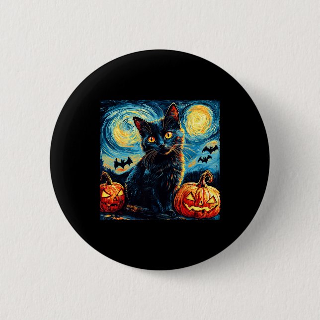 Cat Starry Night Van Gogh Cat Lover Pumpkins Baske Button (Vorderseite)