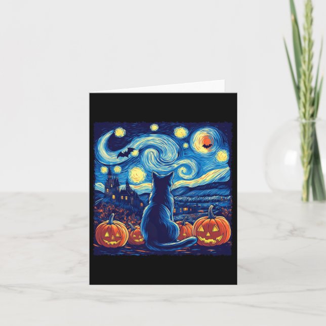 Cat Starry Night Van Gogh Cat Lovers Bats Pumpkins Karte (Vorderseite)