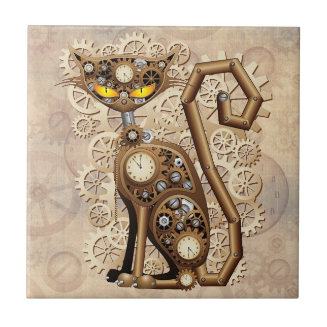 Cat Steampunk Vintag Retro Style Machine Fliese (Vorderseite)
