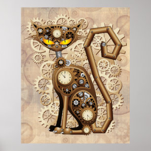 Cat Steampunk Vintag Retro Style Machine Poster