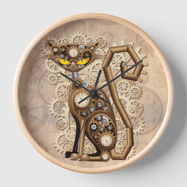 Cat Steampunk Vintag Retro Style Machine Uhr (Vorderseite)