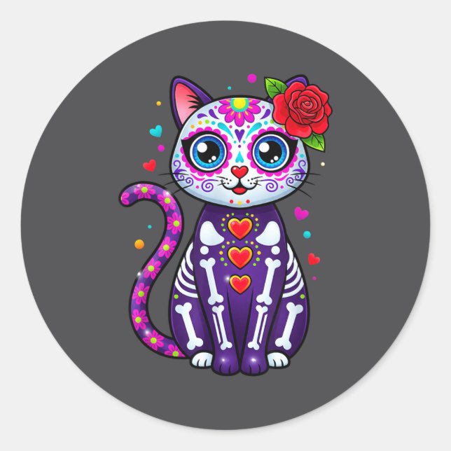 Cat Sugar Skull Cute Cat For Cat Lover Cat-m  Runder Aufkleber (Vorderseite)