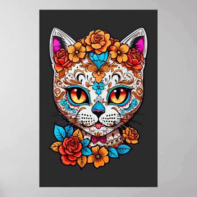 Cat Sugar Skull Halloween, Dia de los Muertos Poster (Vorne)