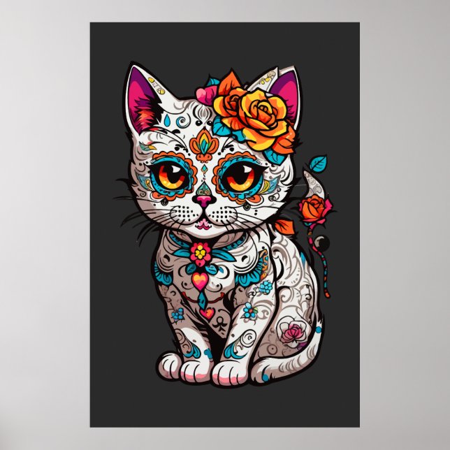 Cat Sugar Skull Halloween, Dia de los Muertos Poster (Vorne)