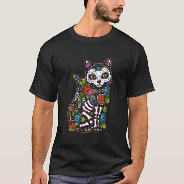 Cat Sugar Skull Mexico Calavera Dia De Los Muertos T-Shirt (Vorderseite)