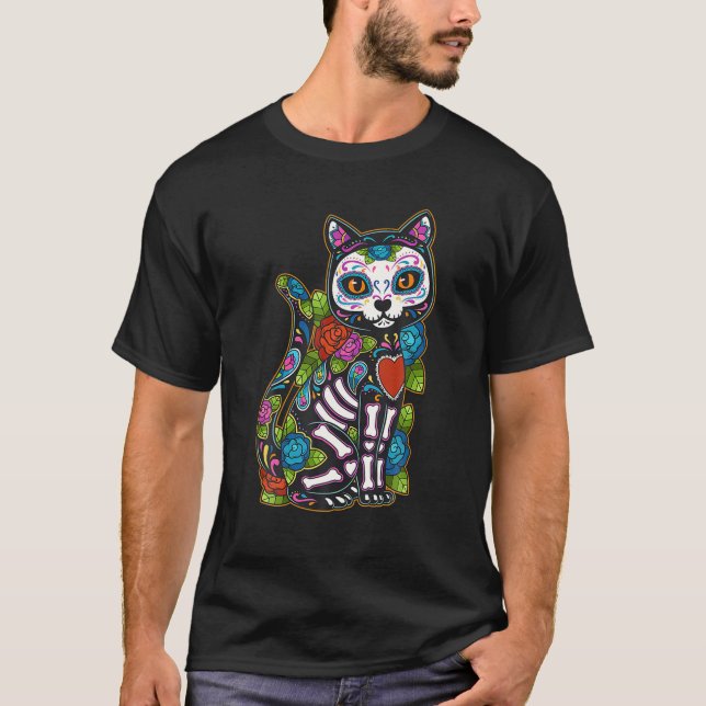 Cat Sugar Skull Mexico Calavera Dia De Los Muertos T-Shirt (Vorderseite)