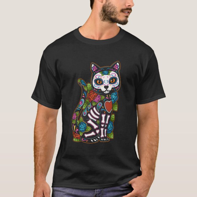 Cat Sugar Skull Mexico Calavera Dia De Los Muertos T-Shirt (Vorderseite)