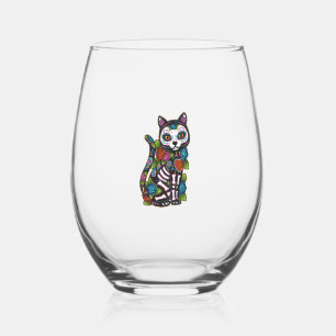Cat Sugar Skull Mexico Calavera Dia De Los Muertos Weinglas Ohne Stiel