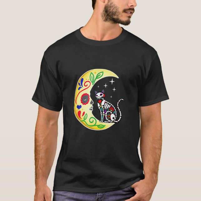Cat Sugar Skull Mexico Calavera Moon Halloween T-Shirt (Vorderseite)