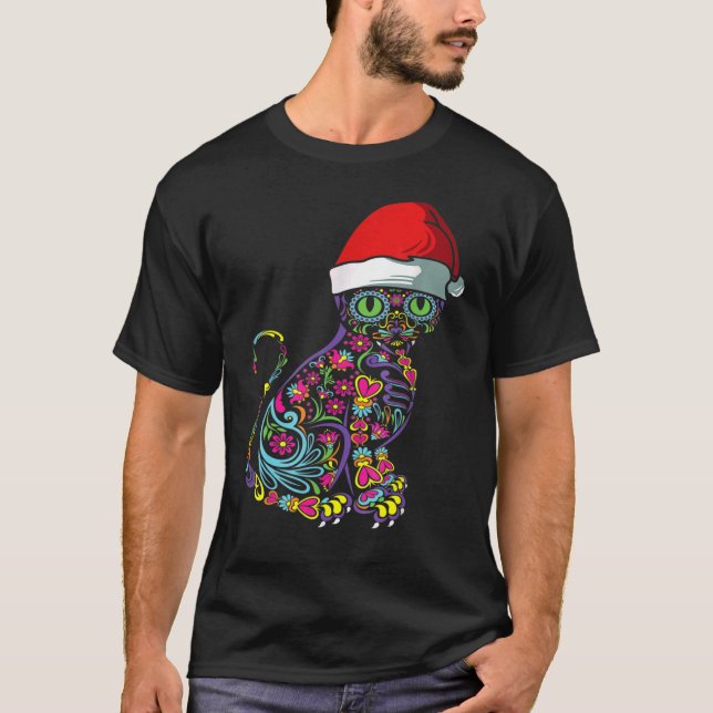 Cat Sugar Skull Weihnachtsmannmütze Weihnachtsmann T-Shirt (Vorderseite)