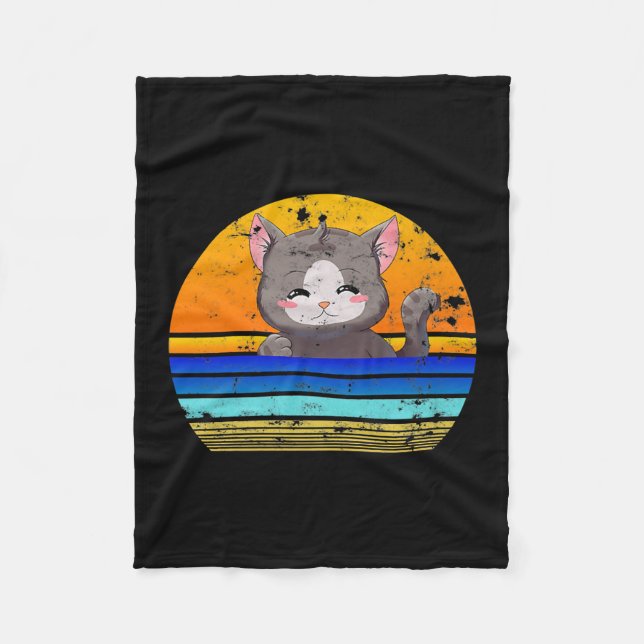 Cat Sunset Retro 80er Style | Vintages Geschenk Fleecedecke (Vorderseite)