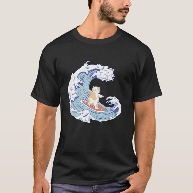 Cat Surfer Ozeanwelle Kitty Retro Anime Japan T Sh T-Shirt (Vorderseite)