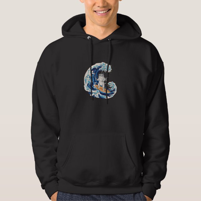 Cat surfing a Wave eating Sushi in Japanese Style Hoodie (Vorderseite)
