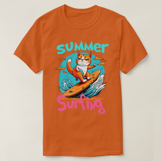 Cat Surfing Funny T-Shirt (Design vorne)
