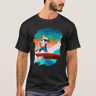 Cat Surfing Surfer Riding Wave Ocean Artistic Cool T-Shirt