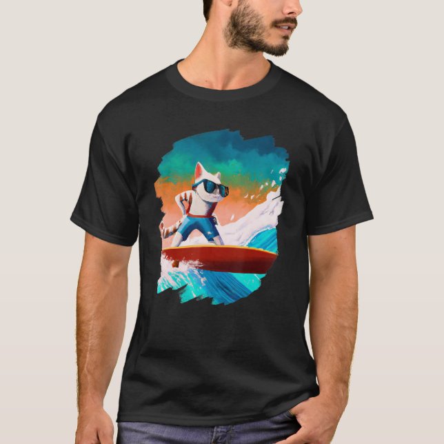 Cat Surfing Surfer Riding Wave Ocean Artistic Cool T-Shirt (Vorderseite)