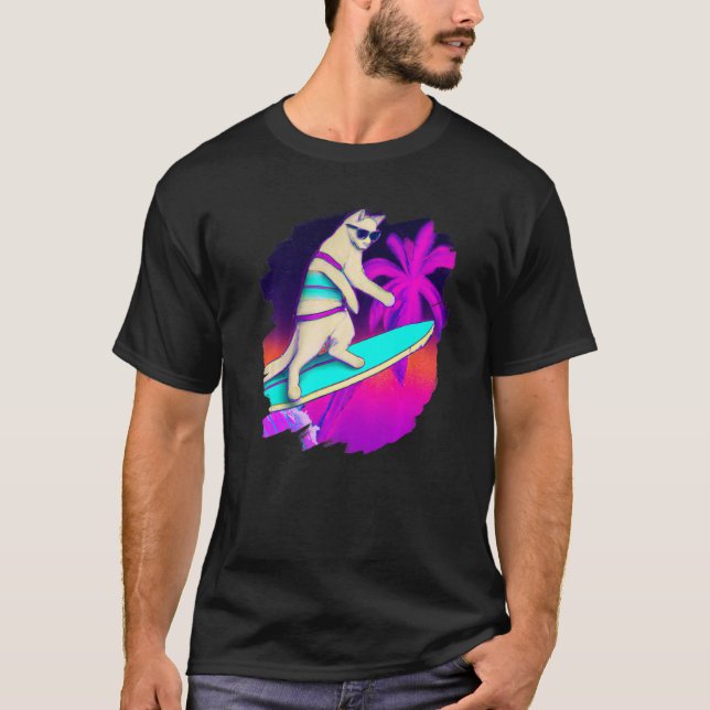 Cat Surfing Surfer Riding Wave Ocean Artistic Cool T-Shirt (Vorderseite)