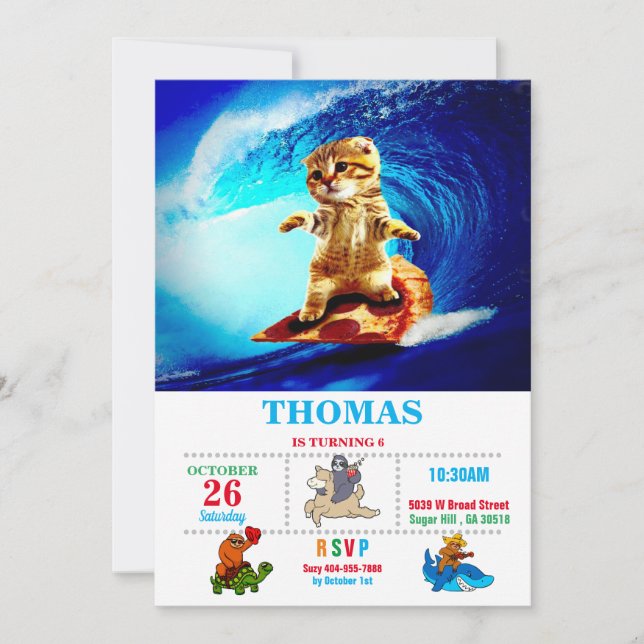 Cat Surfpizza Einladung (Vorderseite)