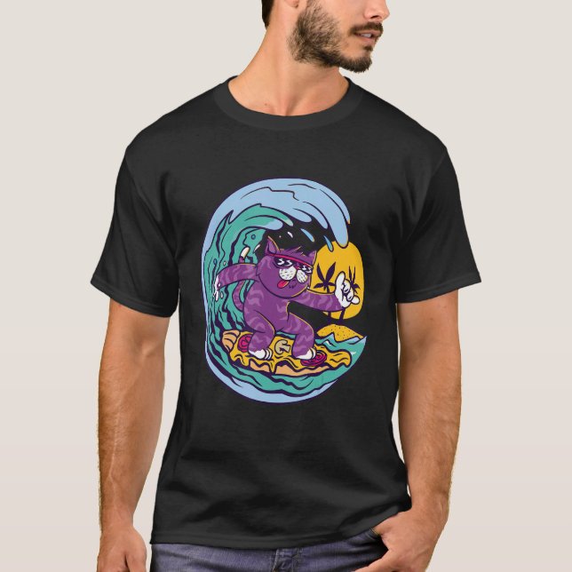 Cat Surfwellen Ocean Island und Sun T-Shirt (Vorderseite)