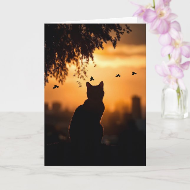 Cat Sympathy Loss of Cat Sunset With Birds Karte (Orchidee)