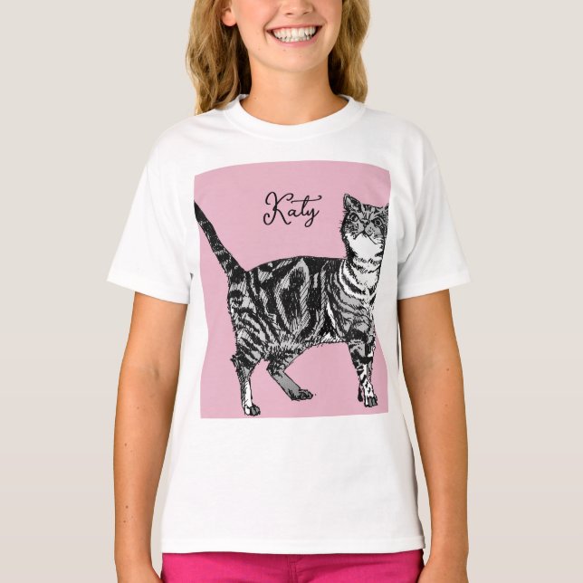 Cat Tabby Pastel Cats Girls Rose Pink Pets T-Shirt (Vorderseite)
