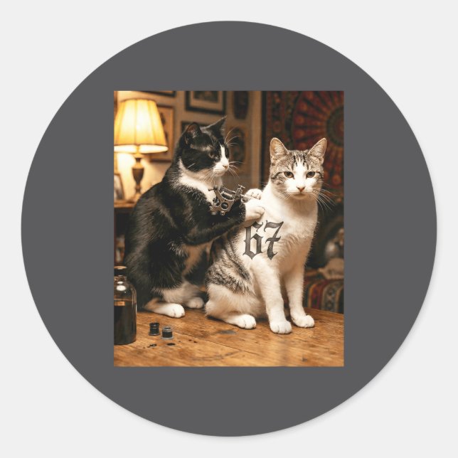 Cat Tattoo Artist 67 Six Seven Seis Siete Brain Ro Runder Aufkleber (Vorderseite)