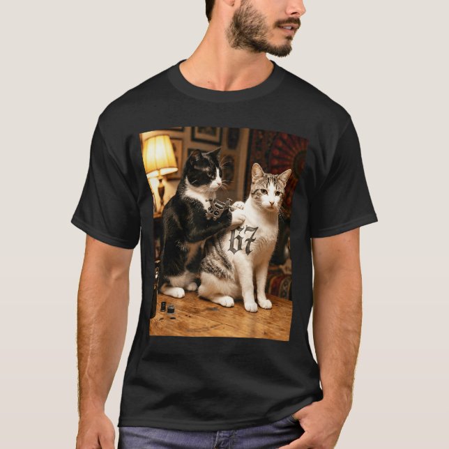 Cat Tattoo Artist 67 Six Seven Seis Siete Brain Ro T-Shirt (Vorderseite)