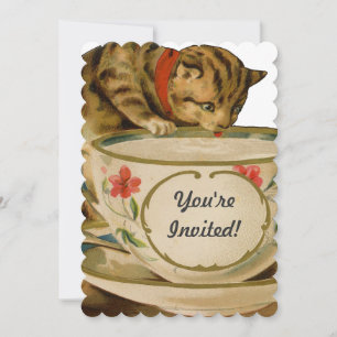 Cat Teacup Niedlich Vintag Viktorianisch Einladung